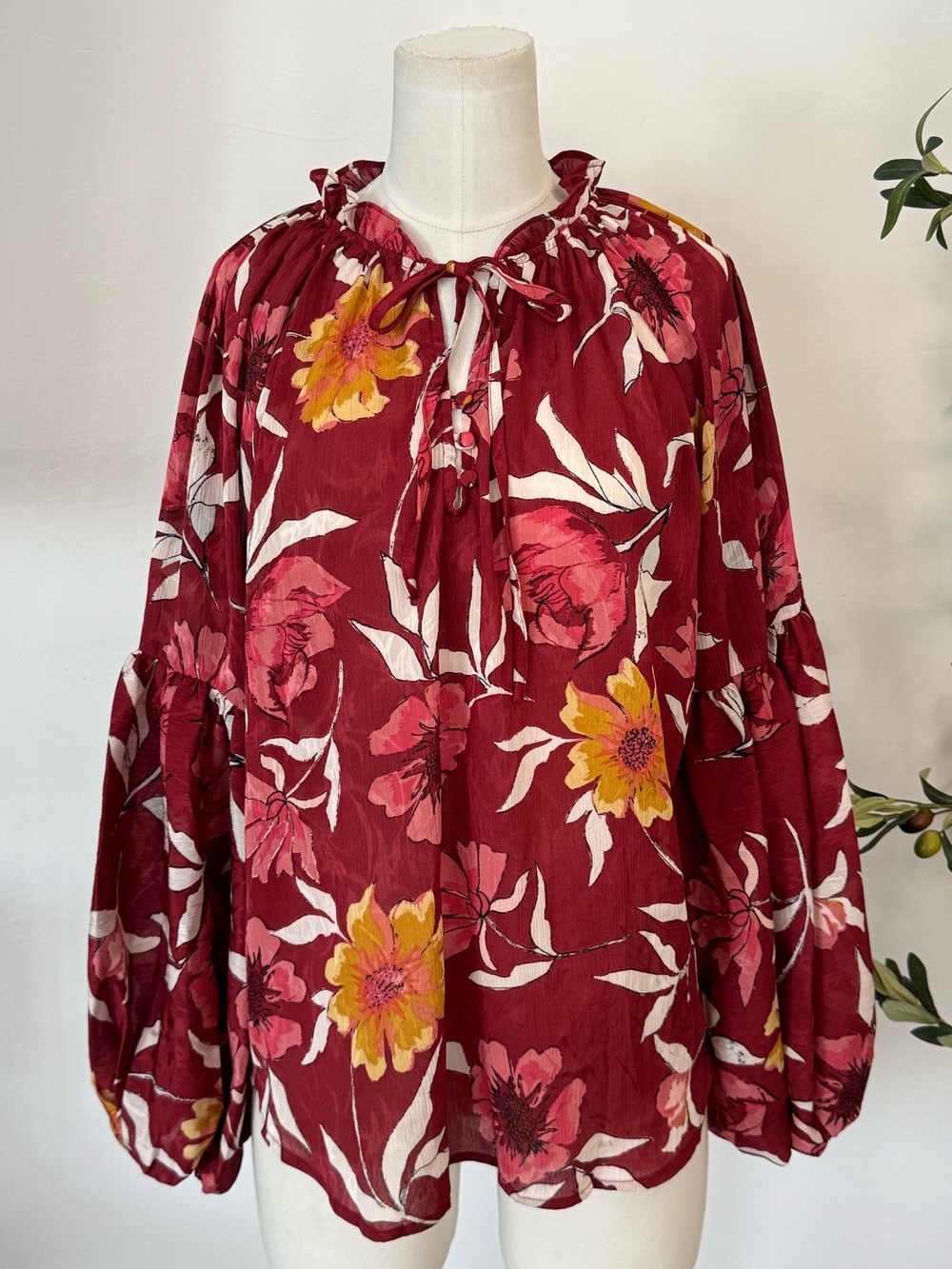 Love Stitch Floral Boho Peasant Blouse Burgundy Sheer Balloon Sleeve Tie Neck